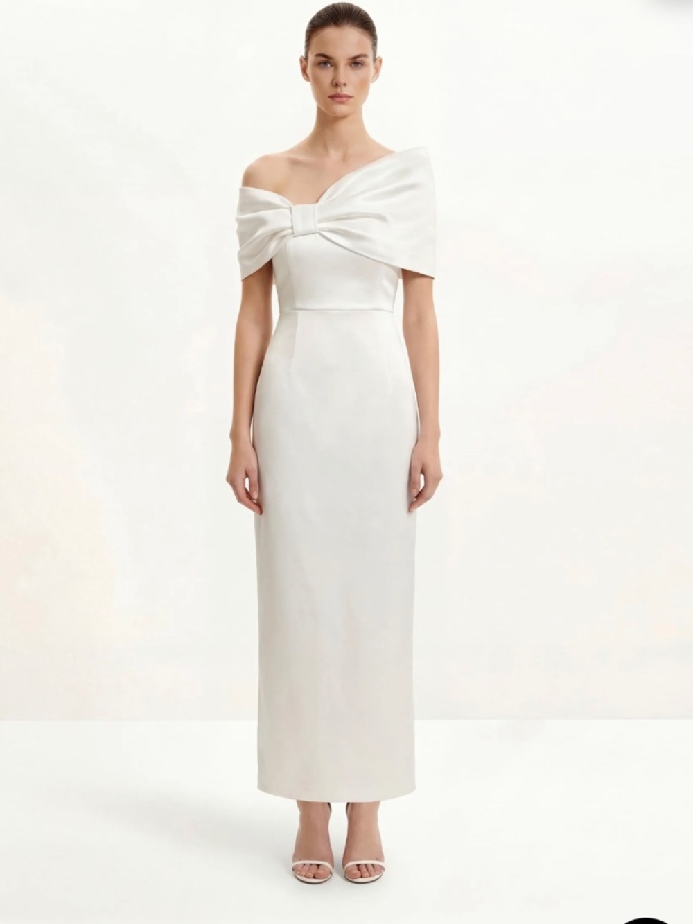 JW PEI White Off-Shoulder Bow Satin Evening Dress